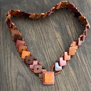 Vintage wood geometric belt, light/dark wood, adjustable, 1.5” wide, 37”long